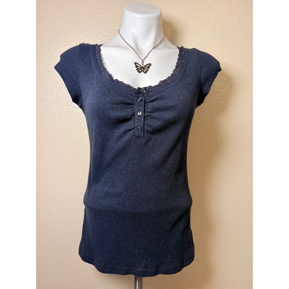 ❌❌❌SOLD❌❌❌No Boundaries Womens XL Blue Ribbed Knit Lace Trim Sleeve Top #7